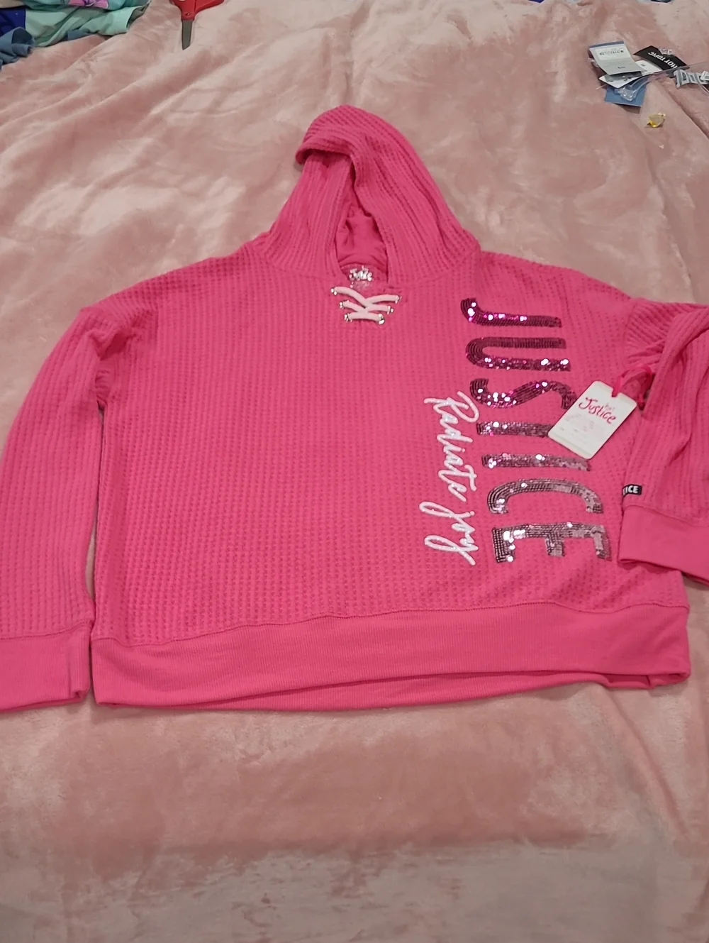 Justice Pink Sequin Logo Waffle-Knit Hoodie Sweater
